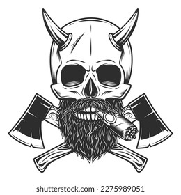 Skull smoking cigar or cigarette with horn and mustache and beard and crossed wooden axe construction builder tool. Element for business woodworking or lumberjack emblem illustration