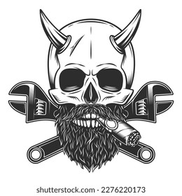 Skull smoking cigar or cigarette with horn and mustache with beard and construction wrench for gas and builder plumbing pipe or body shop mechanic spanner repair tool vintage vector illustration