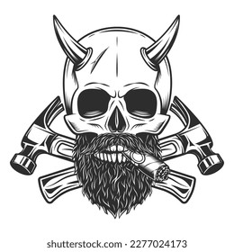 Skull smoking cigar or cigarette with horn with mustache and beard with builder crossed hammers from new construction and remodeling house business in monochrome vintage style illustration