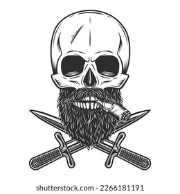 Skull smoking cigar or cigarette with mustache and beard and crossed knife dagger isolated on white background monochrome vintage illustration