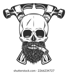 Skull smoking cigar or cigarette with mustache and beard and builder crossed hammers from new construction and remodeling house business in monochrome vintage style illustration