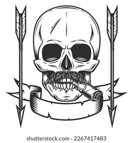 Skull smoking cigar or cigarette with mustache with vintage hunting arrow in monochrome style isolated vector illustration with design element for label or sign and emblem