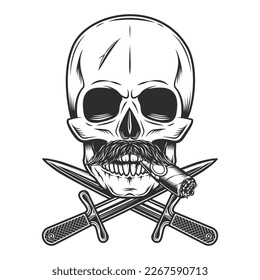 Skull smoking cigar or cigarette with mustache and crossed knife dagger isolated on white background monochrome vintage illustration