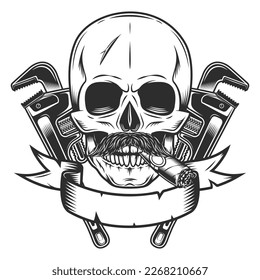 Cigar o cigarrillo para fumar calavera con bigote con llave de construcción para tubería de plomería para gas y constructores o herramienta de reparación de spanner mecánico de taller de carrocería en ilustración vectorial vintage de estilo monocromático