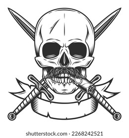 Skull smoking cigar or cigarette with mustache and crossed sword Isolated on white background monochrome illustration