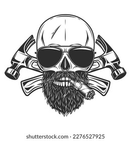 Skull smoking cigar or cigarette with mustache and beard and sunglasses builder crossed hammers from new construction and remodeling house business in monochrome vintage style illustration