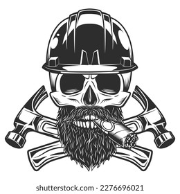 Skull smoking cigar or cigarette with mustache and beard and helmet hard hat builder crossed hammers from new construction and remodeling house business in monochrome vintage style illustration svg
