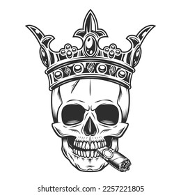 Skull smoking cigar or cigarette smoke in crown king monochrome illustration isolated on white background. Vintage crowning, elegant queen or king crowns, royal imperial coronation symbols.