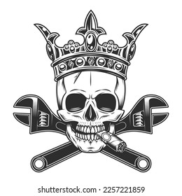 Skull smoking cigar or cigarette smoke with wrench tools and crown king in monochrome illustration style vector icon. Construction spanner plumbing key tool isolated on white background.