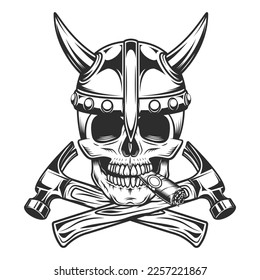 Skull smoking cigar or cigarette smoke with viking helmet and crossed hammer business builder from new construction and remodeling house illustration