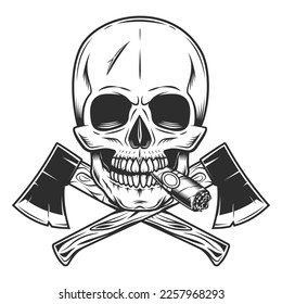 Skull smoking cigar or cigarette smoke and crossed metal ax with handle made of wood. Wooden axe construction builder tool. Element for business woodworking or lumberjack emblem or icon.