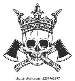 Skull smoking cigar or cigarette smoke in crown and crossed metal ax with handle made of wood. Wooden axe construction builder tool. Element for business woodworking or lumberjack emblem or icon.