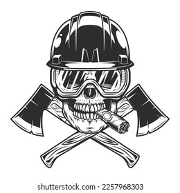 Skull smoking cigar or cigarette smoke in hard hat and glasses and crossed metal ax with handle made of wood. Wooden axe construction builder tool. Element for business woodworking or lumberjack