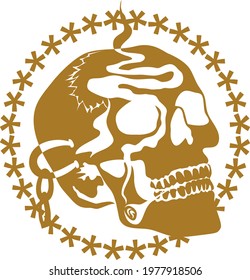 A skull is smoking a cigar. Smoke is floating through his face. He is also wearing a ear chain. These all are in one golden color.