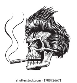 Skull Smoking Cigar  Vector Illustration.  Black And White Hand Drawn Image.
