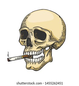 Skull smoking cigarette color sketch engraving vector illustration. Scratch board style imitation. Black and white hand drawn image.