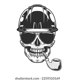 Skull smoking pipe in helmet hardhat builder construction concept with sunglasses accessory vintage isolated vector illustration