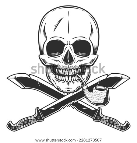 Skull smoking pipe and machete sharp knife melee weapon of hunter in jungle. Black and white vector isolated on white background