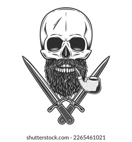 Skull smoking pipe with mustache and beard and crossed knife dagger isolated on white background monochrome vintage illustration