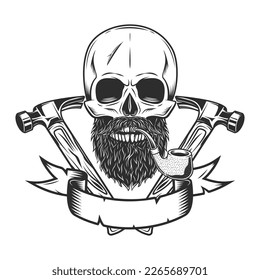 Skull smoking pipe with mustache and beard and builder crossed hammers from new construction and remodeling house business in monochrome vintage style illustration