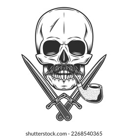 Skull smoking pipe with mustache and crossed knife dagger isolated on white background monochrome vintage illustration