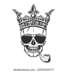 Skull smoking pipe in royal crown concept with sunglasses accessory to protect eyes from bright sun isolated vintage vector illustration