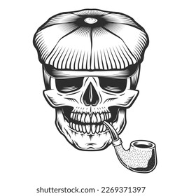 Skull with smoking pipe in the tweed hat flat cap vector vintage illustration