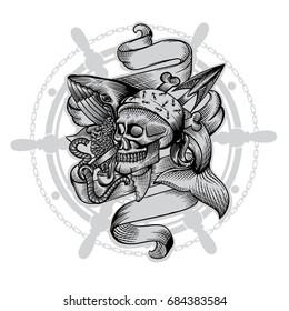 Skull smoking pipe and whale in engraving style in center of steering wheel. Vector marine design elements on white