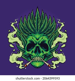 Skull Smoking Weed Leaf Hair Vector illustrations for your work Logo, mascot merchandise t-shirt, stickers and Label designs, poster, greeting cards advertising business company or brands.