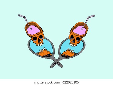 Skull with smoothies and reflection in the mirror. Teal and orange colored