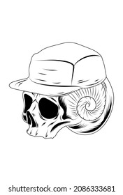 Skull with snail and snap back vector illustration