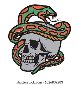 Skull with snake colorful tattoo concept in vintage style isolated vector illustration