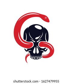 Skull with snake devil evil sign, vintage vector design of classic style crest, coat of arms, death and rebirth concept tattoo, 