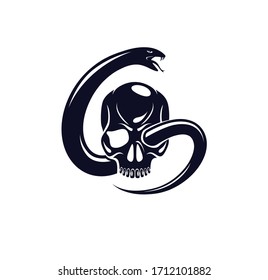 Skull with snake devil evil sign, vintage vector design of classic style crest, coat of arms, death and rebirth concept tattoo, 