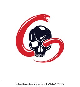 Skull with snake devil evil sign, vintage vector design of classic style crest, coat of arms, death and rebirth concept tattoo, 