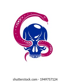 Skull with snake devil evil sign, vintage vector design of classic style crest, coat of arms, death and rebirth concept tattoo, 