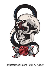 skull snake and flower old school style tatoo design vector illustration