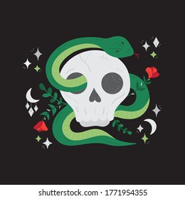 Schädel mit Schlange und Blumen Vektorgrafik handgezeichnet. Cool-witziges druckbares Design. Einzeln auf schwarzem Hintergrund.