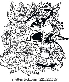 Calavera con una serpiente y flores. Ilustración vectorial aislada en fondo blanco. emblema del día del cráneo muerto. Calavera y peonías. Tatuaje de cráneo, diseño de impresión para camiseta.