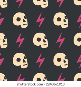Skull, snake, goblet, magic symbols seamless pattern. Magic and death, on a dark background