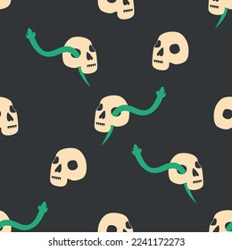 Skull, snake, goblet, magic symbols seamless pattern. Magic and death, on a dark background
