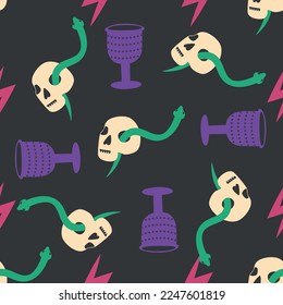 Skull, snake, goblet, magic symbols seamless pattern. Magic and death, on a dark background