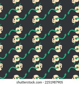 Skull, snake, goblet, magic symbols seamless pattern. Magic and death, on a dark background
