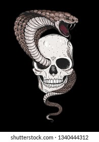 Skull and snake hand drawn illustration. Tattoo vintage print. Skull hand drawn print. Tattoo design.