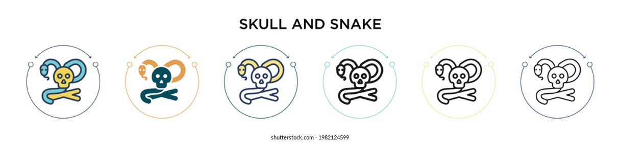 Skull and snake icon in filled, thin line, outline and stroke style. Vector illustration of two colored and black skull and snake vector icons designs can be used for mobile, ui, web