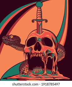 skull and snake with knife. vector illustration.