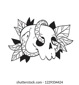 A Skull With A Snake And Leaves. Vector Modern Feminine Tattoo Design.