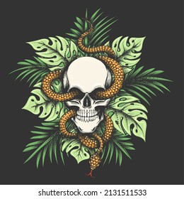 Skull and Snake on Jungle Leaves isolated on Black Background.
Vector illustration.