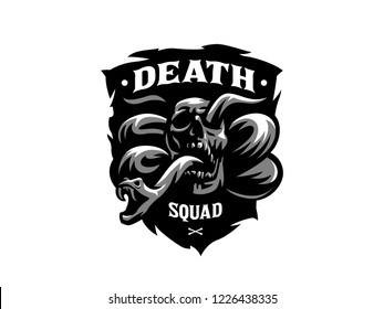 Skull with a snake. Patriotic, military, biker badge. Vector illustration.