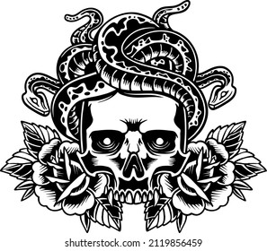 SKULL WITH SNAKE AND ROSES